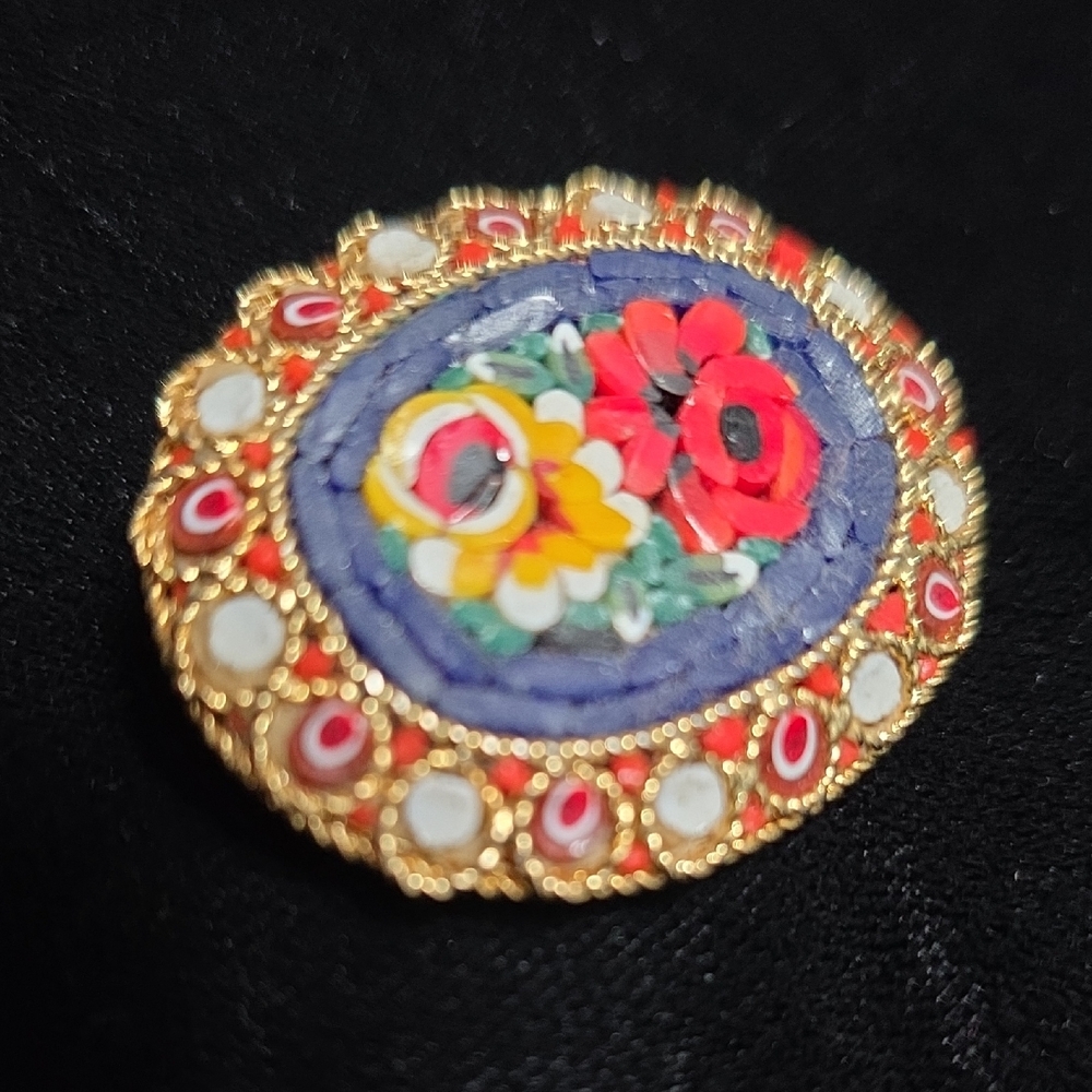 Elegant Vintage Micro Mosaic Multicolored Flowers Blue Background Brooch